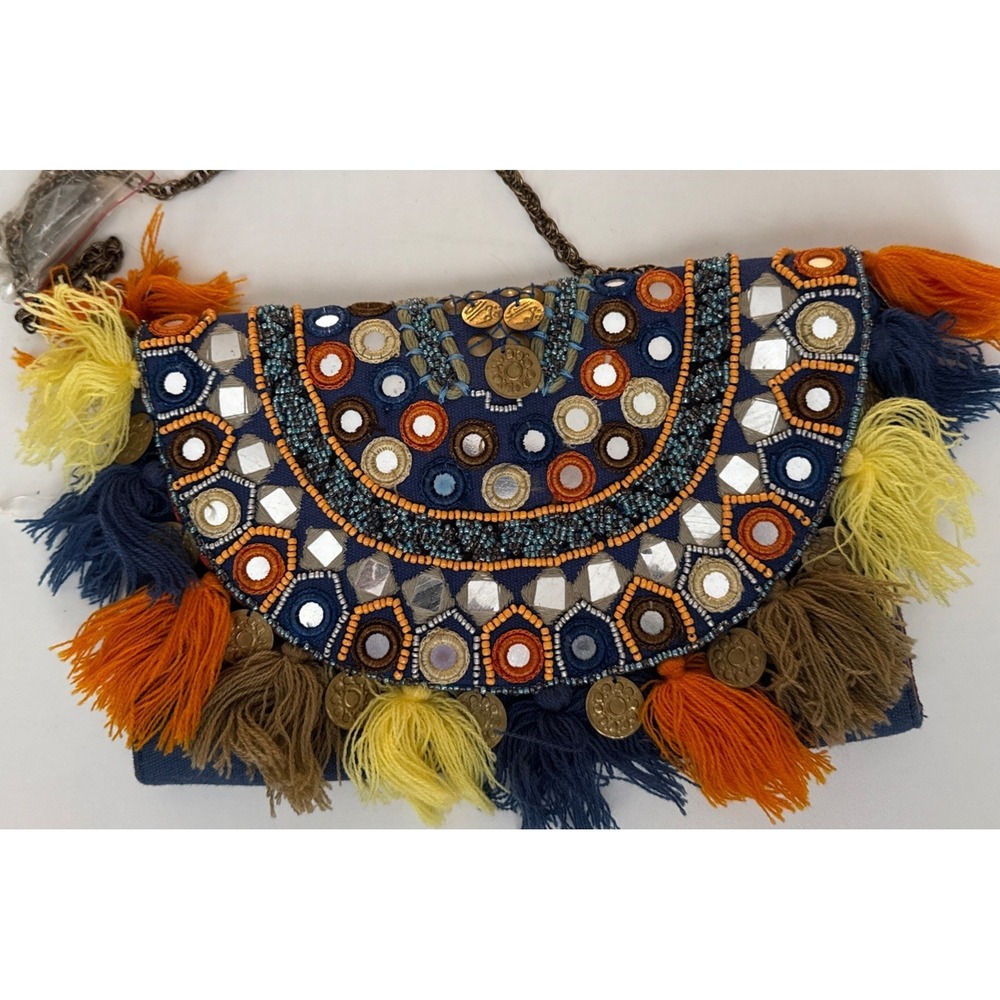 NWOT America & Beyond‎ Blue Beaded Chain Strap Small Handbag Boho Gypsy